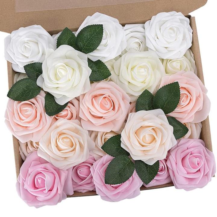 Kunstbloemen, rozen, 25 stuks, decoratieve kunstrozen met stelen, doe-het-zelf bruidsboeketten, Valentijnsdag, Moederdag, bruiloftsfeest, babyshower, woondecoratie, mix roze