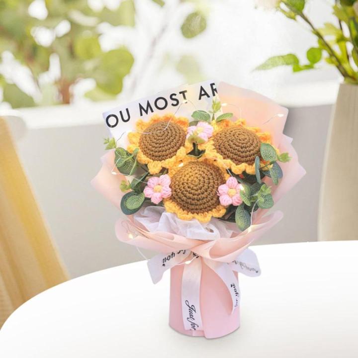 Led-gehaakte Boeket van kunstbloemen, handgemaakt gebreid kunstboeket voor Valentijnsdag, roze