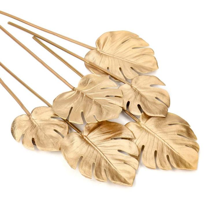 6 stuks Kunstmatige Monstera Bladeren met Lange Stam Tropische Nep Plant Bladeren Schuim Realistisch Goud Faux Monstera Blad voor Bloemstuk Huis Tuin Party Decor, 43x13cm, 40x9,5cm