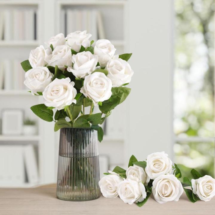 Kunstrozen, 10 stuks realistische zijden bloemen, enkele lange steel, namaakrozen, bruidsboeket voor bruiloft, thuis, feest, arrangement, hotel, tuindecoratie (wit, 51 cm)