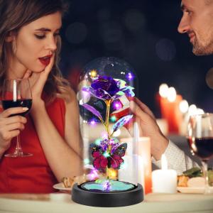 De mooie en het Beest Eeuwige Rose, Galaxy Rose, cadeau voor vriendin, roos in een glazen koepel met ledlicht, cadeau voor mama (paars)