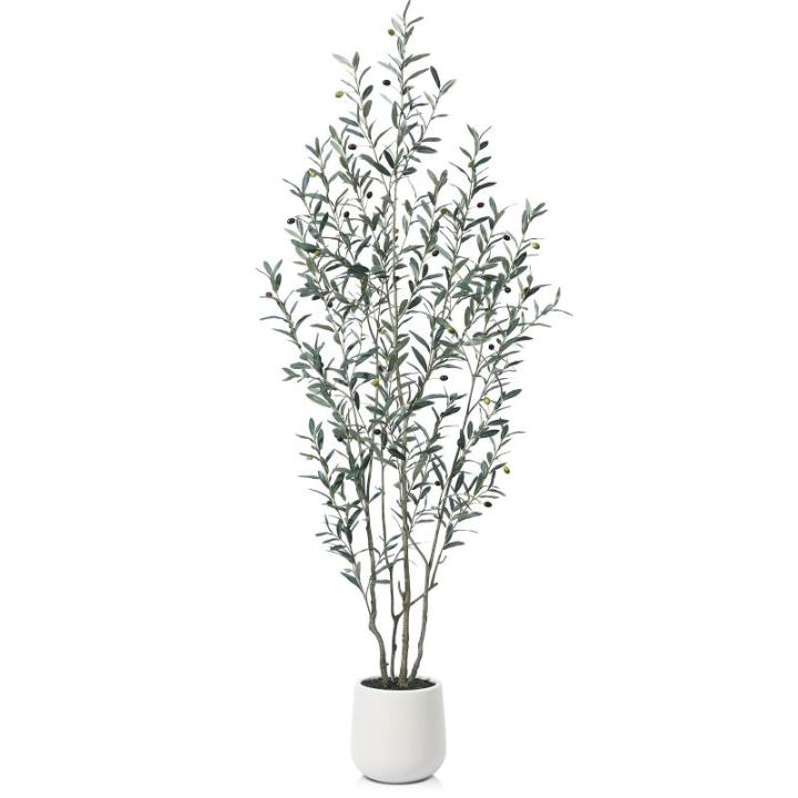 Olijfboom, , 210 cm, kunstplant met levensechte vruchten, kunstolijfboom in witte pot, indoor decoratie (1 stuks)