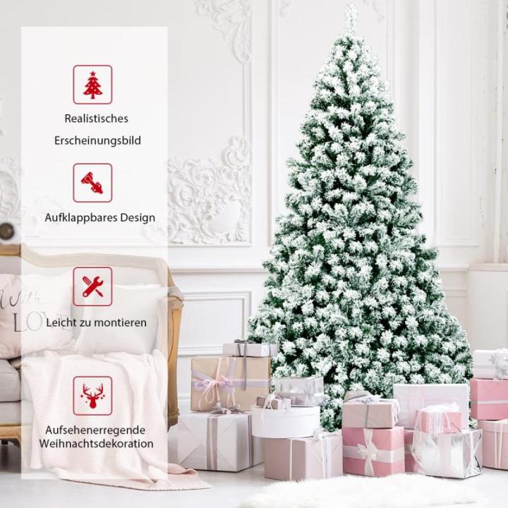 Kunstkerstboom met sneeuw en warmwitte ledverlichting, dennenboom met metalen standaard, pvc-naalden, kunstboom, kerstgroen, 225 cm, 135/180/225 cm