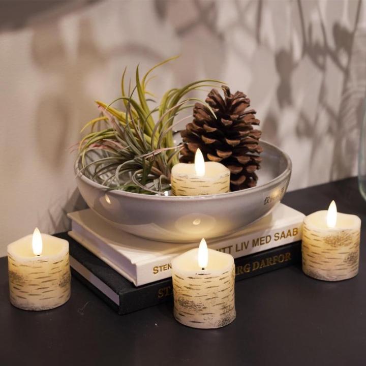 4 Witte Berken LED Kaarsen met Timerfunctie, Vlamloze Votiefkaarsen gemaakt van echt wax voor bruiloften, Batterij-aangedreven theelichtjes voor Kerstmis - D5cm