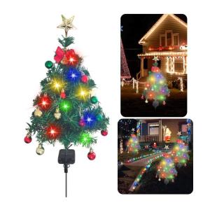 Kunstkerstboom met lichtketting, voor buiten, op zonne-energie, 85 cm, led-kerstboom met 14 kerstballen, kerstdecoratie, outdoor, decoratie op zonne-energie, voor buiten, tuin, kle