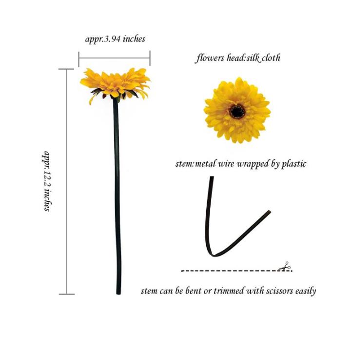 12 STKS Kunstmatige Gerbera Bloem Enkele Stam Bloei Boeket Plastic Zijde Nep Decoratieve Flora Outdoor Indoor Thuis Tuin Kantoor Hotel Bruiloft Party Geel
