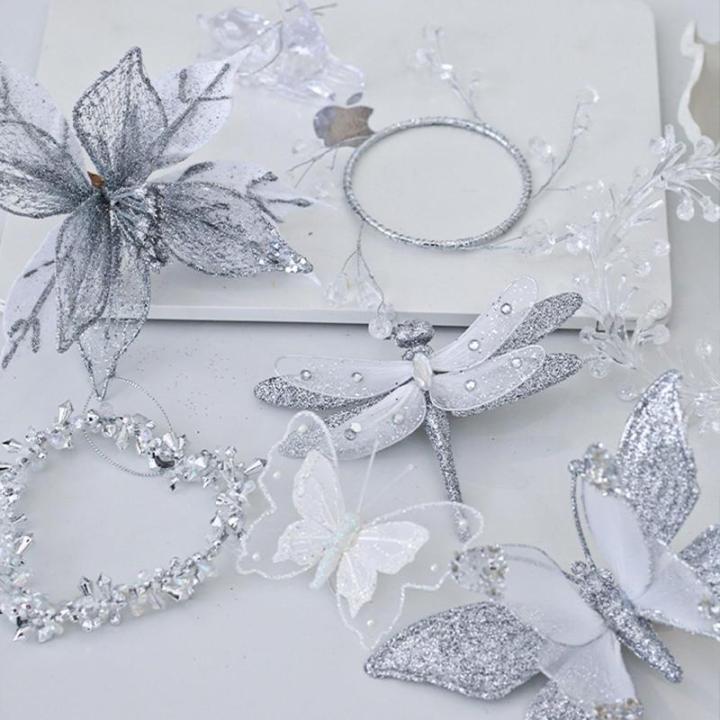 3 Pcs Silber Ornamente Für Weihnachtsbaum, Weihnachten Weihnachtsstern Künstliche Blumen Dekorationen, für Weiß Silber Weihnachtsbaum Wreaths Floral Geschenk Winter Hochzeit Ur