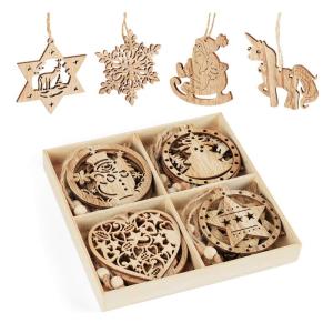 Houten Kerstornamenten, 12-delige Houten Kerstdecoratie Hanger met Houten Hhanger Sneeuwvlok Boomversiering,Kerst Hout,Hangende Houten Kerstboomversiering met Houten Doos