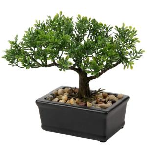 Kunstbonsai Natuurgetrouwe kunstplant, kunstboom, bonsai, ceder, grenen, podocarpus, plastic plant, kunstplant met keramische pot in zwart, voor badkamerdecoratie, desktop, kantoor