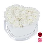 Rozenbox hart, 18 rozen, stabiele bloemenbox, wit, 10 jaar houdbaar, cadeau-idee, decoratieve bloemenbox, wit, 13 x 21 x 19 cm