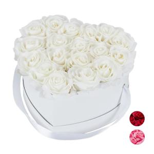 Rozenbox hart, 18 rozen, stabiele bloemenbox, wit, 10 jaar houdbaar, cadeau-idee, decoratieve bloemenbox, wit, 13 x 21 x 19 cm