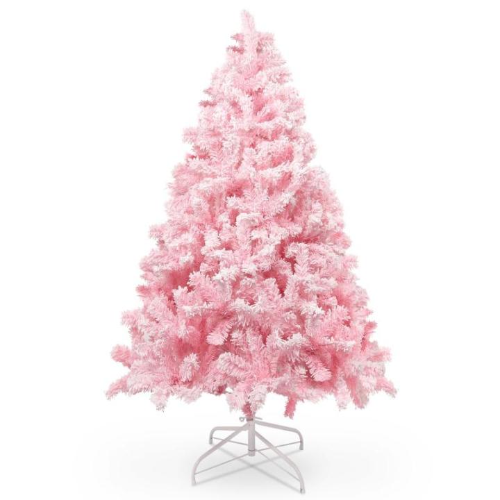 150 cm kerstboom bevlokt roze met volle vlokken decoratie met sneeuwvlokken, 600 takjes, dennenbladeren van pvc en stabiele basis, kerstboom voor kerstdecoraties