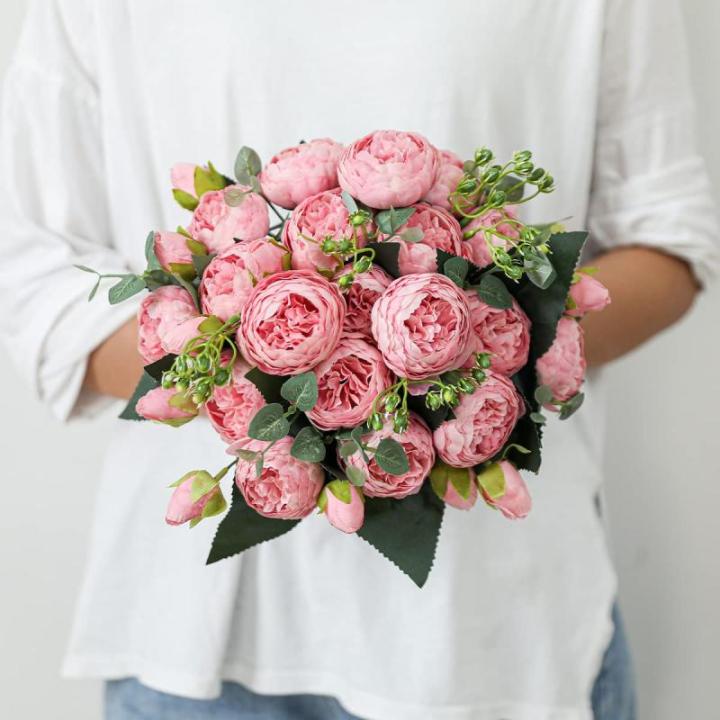 4 bundels pioenroos, kunstroos met 20 koppen, namaakpioenroos, zijde, bloemen, boeketten voor bruiloft, thuis, tafel, feest, raamdecoratie, roze