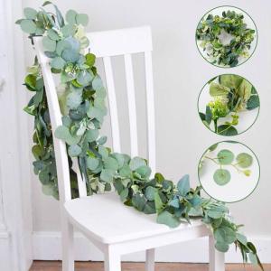 2 stuks kunstslingers, eucalyptus-slinger, eucalyptus met wilgenbladeren, slinger, plant 1,8 m, hangplanten met witte bloemen, zilveren dollar, eucalyptus-ranken, voor achtergrond,