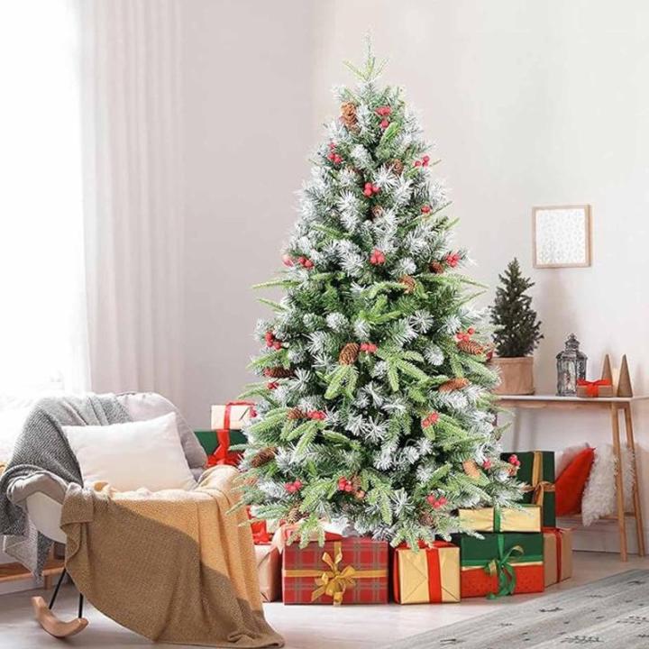 Weihnachtsbaum mit Tannenzapfen und Beeren, schneebedeckter künstlicher Weihnachtsbaum mit PVC-Zweigspitzen, einfache Montage mit Metallsockel für Zuhause, Büro, Partydekoration