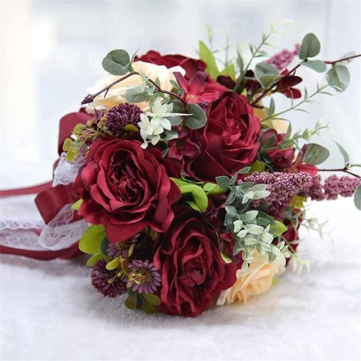 Hochzeitsstrauß for die Braut mit künstlichen Blumen, 10-Zoll-Hochzeitssträuße, künstlich blühende Rosen, Brautjungfernstrauß, Seidenrosen-Wurfsträuße.(Red)