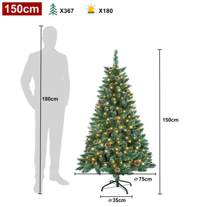 Kunstkerstboom met verlichting, 150 cm, pvc, kunstkerstboom met 180 leds en standaard, kunstkerstdecoratie, met sneeuw en dennenappels