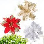 12 stuks kerstdecoratie, kunstbloemen voor Kerstmis, kerstster, kunstdecoratie, bloemen, fonkelende kerstster, bloemen, glitter, kerstboomdecoratie (zilver)