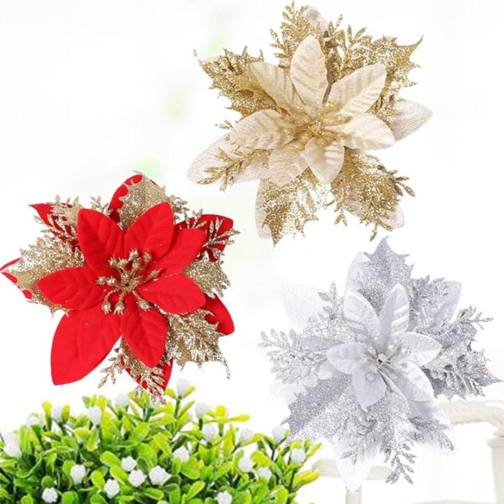 12 stuks kerstdecoratie, kunstbloemen voor Kerstmis, kerstster, kunstdecoratie, bloemen, fonkelende kerstster, bloemen, glitter, kerstboomdecoratie (zilver)
