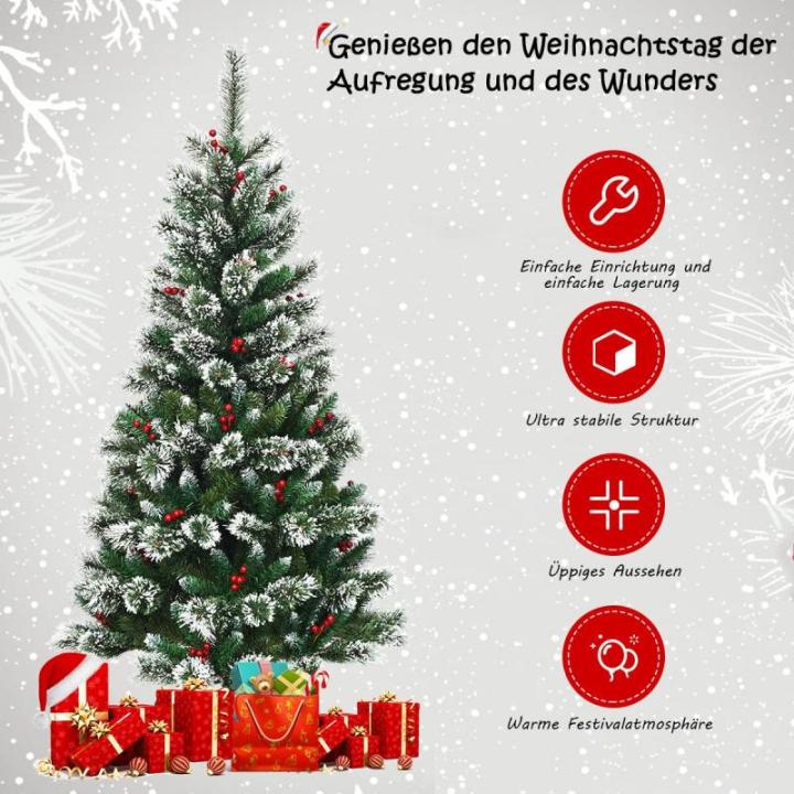 150/180/210/240 cm kunstkerstboom met rode bessen, sneeuwbedekte dennenboom met metalen standaard, pvc- en dennennaalden, kunstboom, kerstklapsysteem (150 cm)