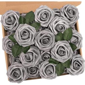 Künstliche Rosen Blume, 25 Stück Schaumrosen Fake Rosen mit Stielen für Hochzeit Blumensträuße Braut Babydusche Party Zuhause Dekoration, Silbrig