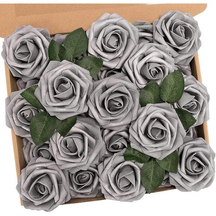 Künstliche Rosen Blume, 25 Stück Schaumrosen Fake Rosen mit Stielen für Hochzeit Blumensträuße Braut Babydusche Party Zuhause Dekoration, Silbrig