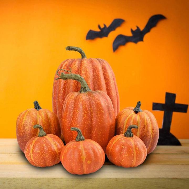 7 stuks kunstpompoenen, pompoen, decoratie, sierpompoen, kunstplantset voor Halloween, decoratie, herfstdecoratieset, 4 maten, geel