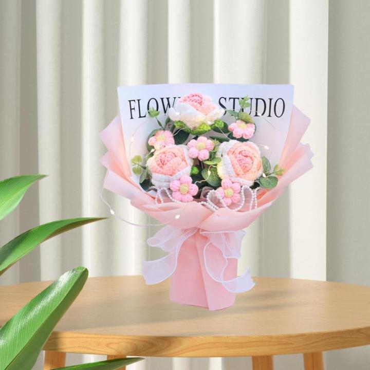Gehäkelter Blumenstrauß mit Licht, Fertig Gestrickter Strauß, Kunstblume, Handgemachter Strickstrauß Zum Valentinstag, Rosa