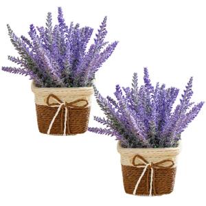 Künstliche Blumen in Töpfen 2pcs Kleine realistische künstliche Lavendel rustikale Kunststoffpflanzen mit Weaven -Topf gefälschten Bonsai -Pflanzen Hochzeit Party Tisch Dekorat