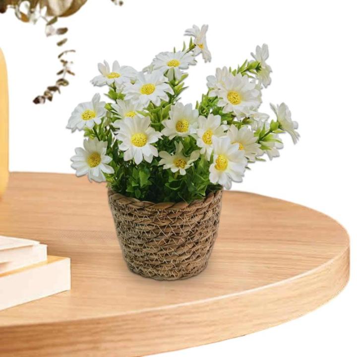 Künstliche Blumen im Topf,Künstliche Topfblumen,Blumenarrangement mit Gänseblümchen im Rattantopf | Seidiger künstlicher Gänseblümchen-Rattan-Topf-Bonsai für die Tischdekor