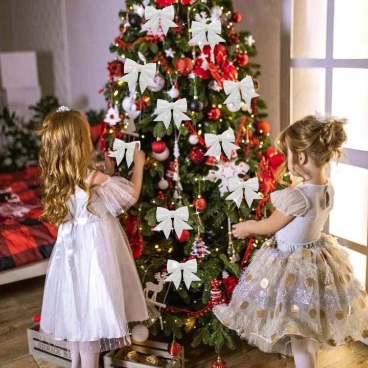 10 stuks witte strikken kerstmis glitter kerstboom strikken kerstboomversiering voor familiefeesten feestdecoratie voor Kerstmis vakantie bruiloft feesten