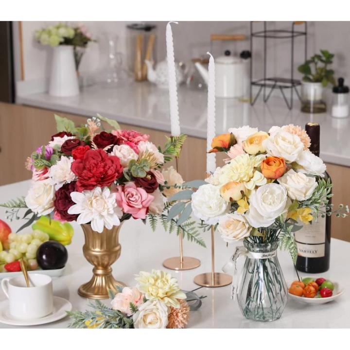 Kunstbloemkoppen, rozen, pioenrozen, dahlia's, bloemhoofden, zijden bloemen, voor feest, doe-het-zelf bruid, bruiloft, bloemstukken, combo decoratie (warm oranje)