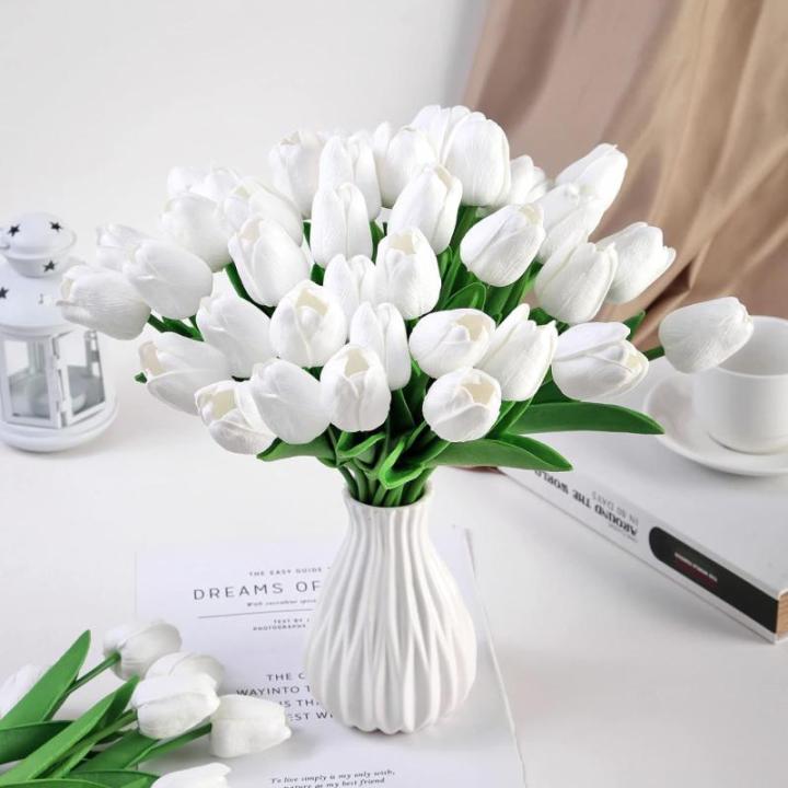 15 stuks kunsttulpen van latex, realistische kunsttulpen, boeket van kunsttulpen, voor woondecoratie, boeket, feest (wit)