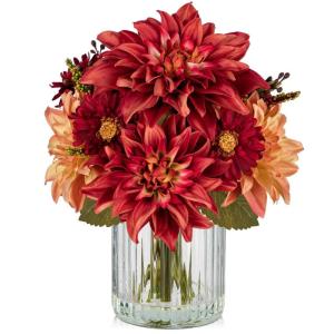 Dalia Kunstbloemen als echt in cilindrische glazen vaas met kunstwater, decoratieve bloemen, chrysant bloemstuk voor thuis, woonkamer, badkamer, herfst, decoratie