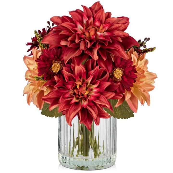 Dalia Kunstbloemen als echt in cilindrische glazen vaas met kunstwater, decoratieve bloemen, chrysant bloemstuk voor thuis, woonkamer, badkamer, herfst, decoratie