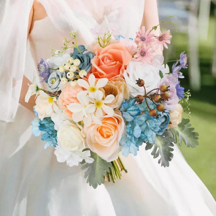 Kunstbloemen combo blauwe bloemen mix zijden bloemen dahlia rozen met stelen voor bruiloft, bruidsboeketten, tafeldecoratie, babyshower, bloemstuk, woondecoraties
