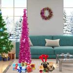 Kerstboom met standaard, 150 cm, pop-up kerstboom, lametta, kustkerstboom, voor feestdagen, kerstdecoraties, woondecoratie, kantoordecoratie, rozerood