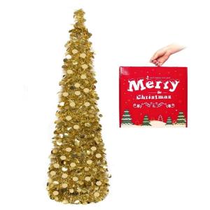 Kunstkerstboom met standaard, 1,5 m, opvouwbare pop-up kerstboom met pailletten voor Kerstmis, feestbenodigdheden, huisdecoratie, goud