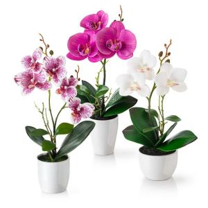 in pot (35 cm), set van 3 kunstorchideeën, kunstmatig afgestemde arrangement in hoogglans-keramische potten, decoratieve bloemen, kunstorchideeën (wit-rosé)
