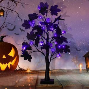 Halloween decoratie voor binnen, zwart esdoornblad, boomverlichting met 24 leds, Halloween-decoratie, griezelige lichtboom met led-spinnenlicht, berkenboom met timer voor Halloween