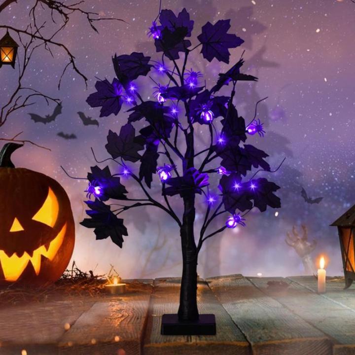 Halloween decoratie voor binnen, zwart esdoornblad, boomverlichting met 24 leds, Halloween-decoratie, griezelige lichtboom met led-spinnenlicht, berkenboom met timer voor Halloween
