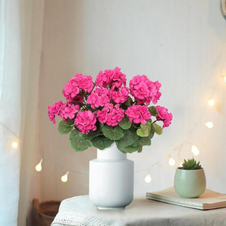 , 3 bundels voor buiten en binnen, namaak-geranium, zijden bloemen, decoratie, kunst-uv-bestendig, geraniumstruik voor hangende tuin, veranda, raam, box, decoratie, rozerood