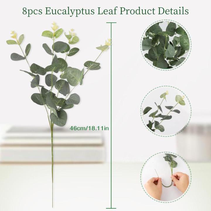 Kunsteucalyptus-stammen, 8 stuks, eucalyptus bladplanten, groene eucalyptus-stammen, bladeren, boeketten voor bloemen, slinger, krans, bruiloft, thuis, tafel, indoor, outdoor decor