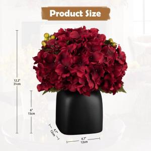 Kunstbloemen als echte kunstmatige hortensia, rode decoratieve bloemen met bessen, in zwarte keramische vaas, bloemstuk voor kantoor, woonkamer, badkamer, herfst, decoratie