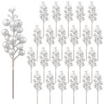 24 stuks glitter-zilveren bessenstelen, kunstzilveren bessen, plukken, glitter, zilveren bessen, takken, kerstbessen, steel, picks voor kerstboom, doe-het-zelf knutselen, bruiloft,