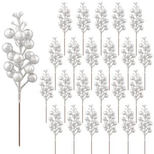 24 stuks glitter-zilveren bessenstelen, kunstzilveren bessen, plukken, glitter, zilveren bessen, takken, kerstbessen, steel, picks voor kerstboom, doe-het-zelf knutselen, bruiloft,