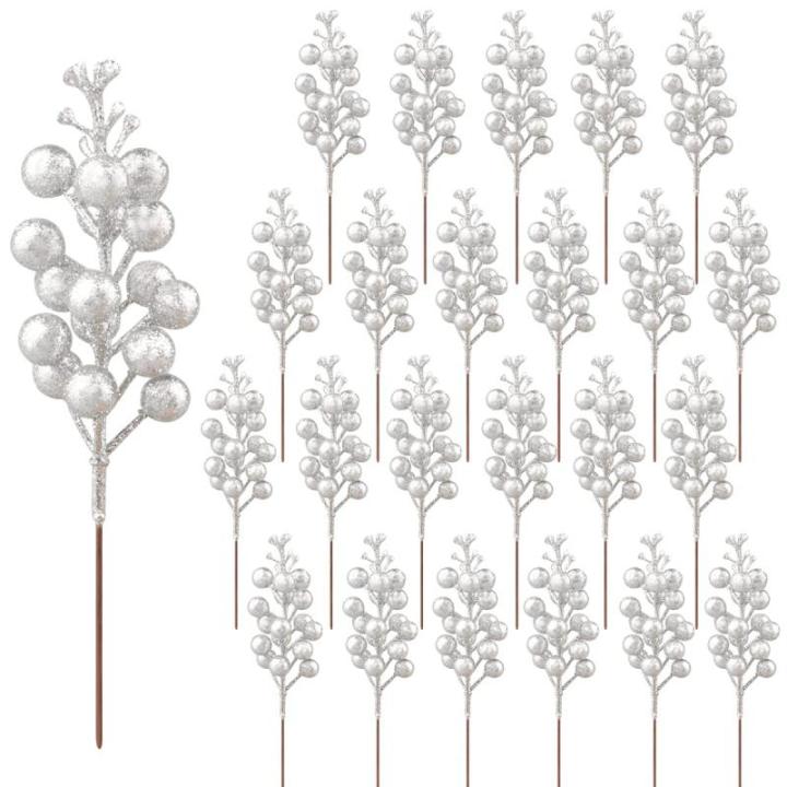 24 stuks glitter-zilveren bessenstelen, kunstzilveren bessen, plukken, glitter, zilveren bessen, takken, kerstbessen, steel, picks voor kerstboom, doe-het-zelf knutselen, bruiloft,