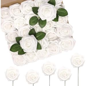 Kunstbloemen, 50 stuks, echte touch, witte bloemen, kunstrozen voor decoratie voor doe-het-zelf, bruiloft, boeketten, middenstukken, bruidsdouche, feest, thuis, bloemstuk (wit)