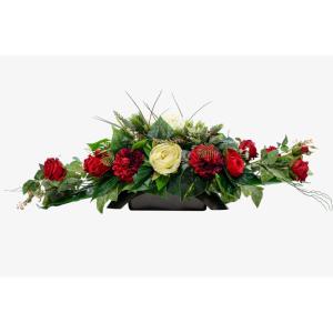 Grabaufleger aus künstlichen Textil Seidenblumen Rosen länglich 80cm groß XXL Friedhofsgesteck für Totensonntag Beerdigung wie Echt (Rot)