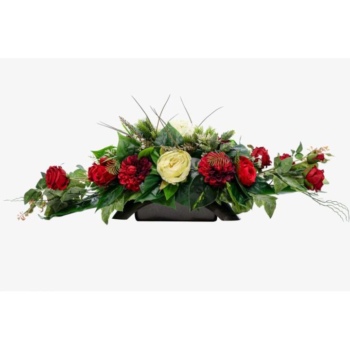 Grabaufleger aus künstlichen Textil Seidenblumen Rosen länglich 80cm groß XXL Friedhofsgesteck für Totensonntag Beerdigung wie Echt (Rot)